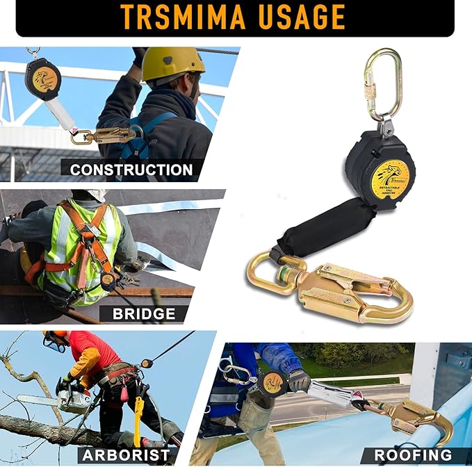 TRSMIMA Fall Protection Retractable Lanyard - 6FT Construction Self-Retracting Lanyard Fall Arrest Safety Roofing Heavy Duty Leading Positioning ANSI
