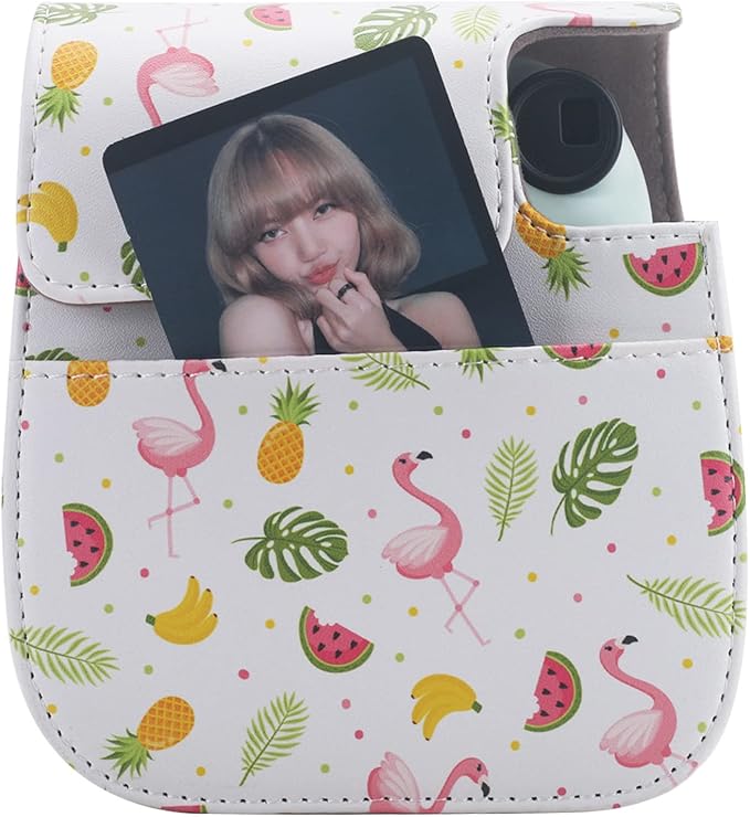 Frankmate Protective Case Compatible with Fujifilm Instax Mini 12 11 9 8 Instant Film Camera with Pocket and Adjustable Strap (Fruit Flamingo)
