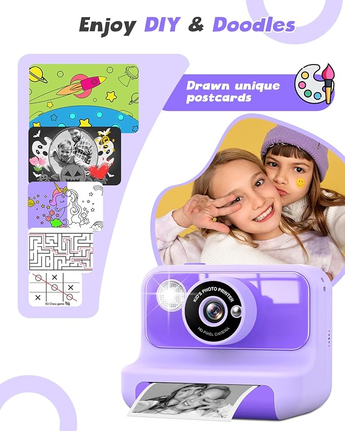 Instant Print Camera for Kids, 1080P Digital Video Cameras, Christmas Birthday Gifts Toys for Age 3-12, Toddler Camera for 4 5 6 7 8 9 10 Year Old Girls - Purple