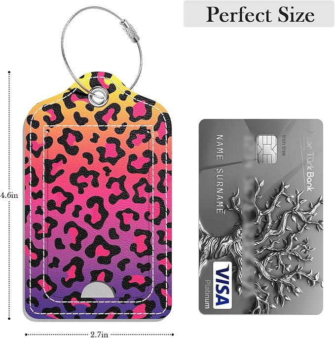 Luggage Tags for Suitcase, 2 Pack PU Leather Travel Cruise Luggage Tag with Privacy Flap, Name ID Label and Metal Loop for Women Men Girls Suitcase Baggage Bag Backpack, Colorful Leopard