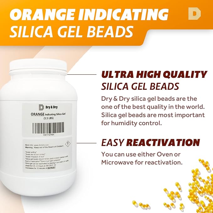 "Dry & Dry" [5.5 LBS] Premium Orange Indicating Silica Gel Desiccant Beads(Industry Standard 3-5 mm) - Rechargeable