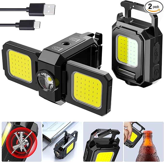SEFONE Upgrade 2Pcs Cob Keychain Work Light 5 Modes, 90° Foldable Lamp, 1000 Lumens Rechargeable Mini Flashlight with Bottle Opener Magnet for Outdoor Camping Fishing Hiking, Gifts to My Man