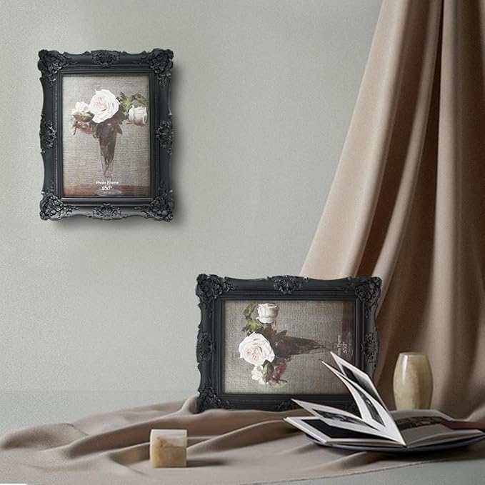 CISOO 5x7 Vintage Picture Frame Antique Ornate Black Photo Frame, for Table Top and Wall Display, Decorative Floral Design Retro Home Decor, Photo Gallery Art