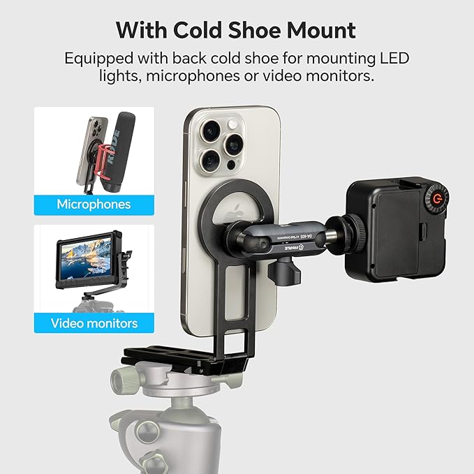 FANAUE Adjustable Phone Tripod Stand, Foldable Magnetic Cell Phone Holder with Arca-Swiss and 1/4" Screw Hole, Aluminium Magsafe Smartphone Mount with Cold Shoe for iphone16 15 14 13 12 Plus Pro Max