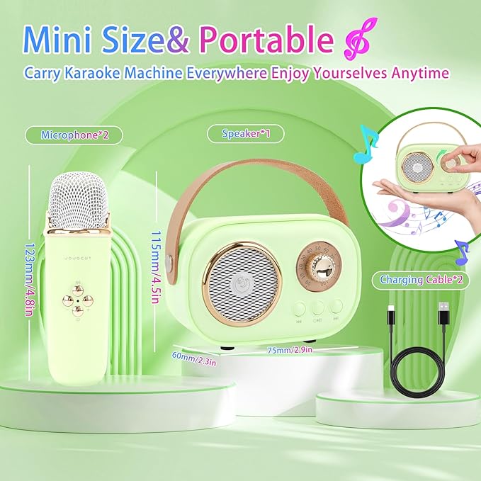 Mini Karaoke Machine for Kids,Portable Bluetooth Speaker with 2 Wireless Microphone,Toys for Girls Boys Gifts,Retro Speaker Set Stereo Sound Enhanced Bass for Home Party Birthday (Green)