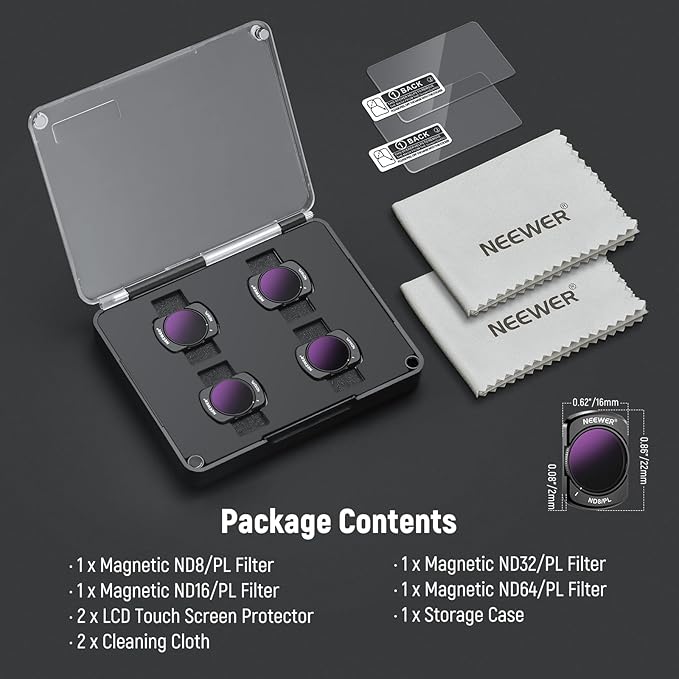 NEEWER Magnetic ND Filter Set Compatible with DJI Osmo Pocket 3 Creator Combo Accessories, 4 Pack Multicoated HD ND8/PL ND16/PL ND32/PL ND64/PL Filter with 2X Screen Protector & 2X Cleaning Cloth