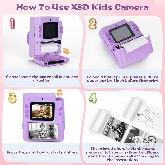 Kids Camera Instant Print, 1080P HD Dual-Lens Selfie Digital Camera with 5 Printing Paper Rolls & 32G TF Card, for Children, Portable Toddler Toy for Age 3-12 Boys & Girls (Purple)