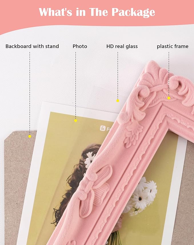 Pink Picture Frames 5x7 for Drawings Prints, Small Colorful Decorative Frame with Real Glass/Stand, Retro Ornate Memorial Frame Gift for Wedding Baby Shower Retirement (Light Pink)