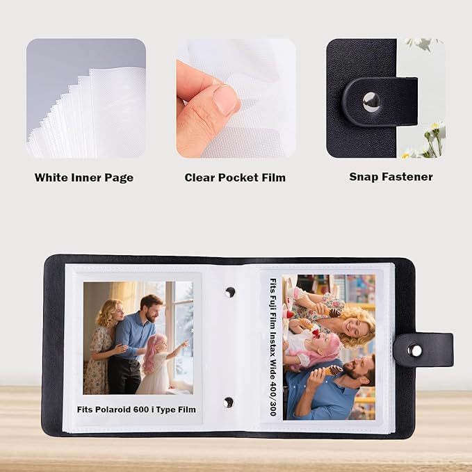52 Pockets Mini Photo Album Fits Polaroid 600/i-Type/SX-70 Instant Film & Fujifilm Instax Wide 300/400 Instant Photos,PU Leather Cover 3.5x4.25 Inch Pictures Book (Black)