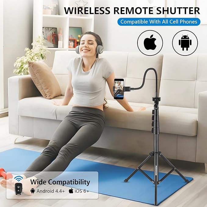 61" Phone Tripod Stand with 15.7" Flexible Gooseneck and Phone Holder, Extendable Cell Phone Stand, Portable Tripod for Photography, Video Recording, Live Stream