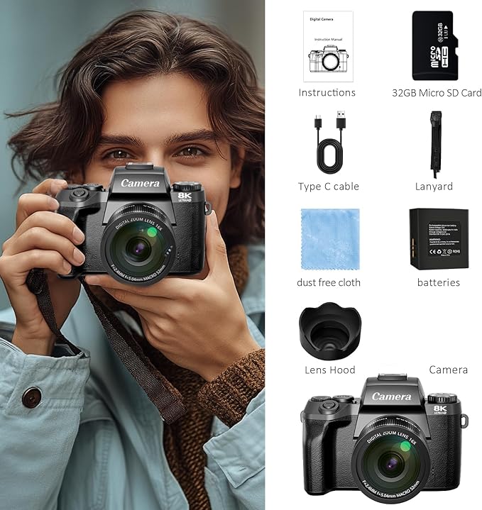 8K Digital Cameras for Photography, 64MP Vlogging Camera for YouTube with 4" Touch Screen, Dual Front/Rear Cameras with LED Fill Light, 3000MAh Battery, Lens Hood, Hot Shoe & 32GB TF Card