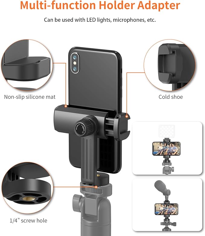 Phone Mount for Tripod, Universal Tripod Mount Adapter with Cold Shoe, 360° Rotates Adjustable Cell Phone Clip Clamp Holder with 1/4" Screw, Compatible with iPhone/Android/4”-7” Phone