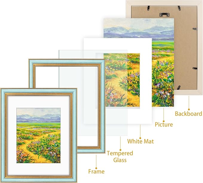 Golden State Art,11x14 Ornate Picture Frame for 8x10 Photo with Mat or 11 x 14 Prints Without Mat, Real Glass Wall Display Horizontally or Vertically (Color:Blue Gold)