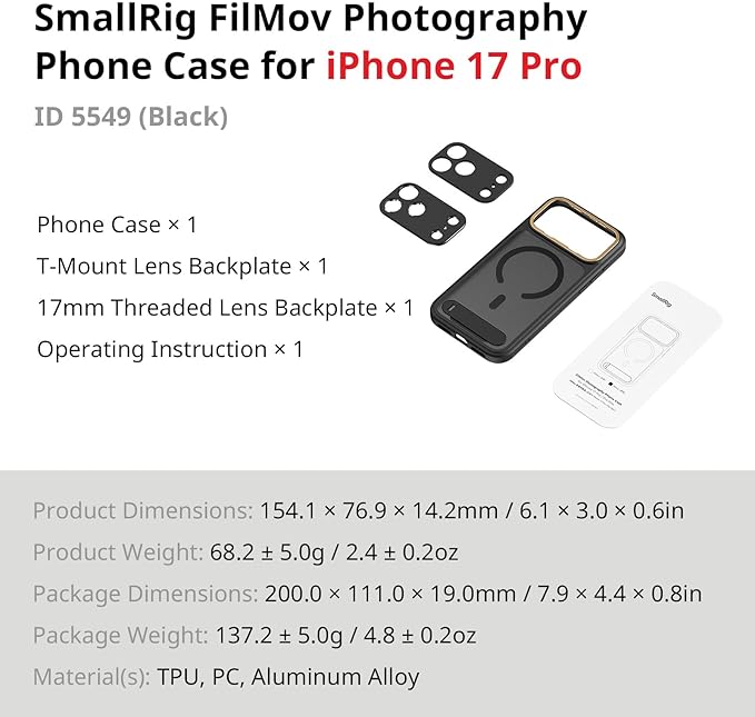 SMALLRIG FilMov Phone Case Kit for iPhone 17 Pro, Magnetic Phone Case with Adjustable Kickstand, Lens Backplate, Support for MagSafe, for Phone Gimbal Stabilizer, for DJI, for Insta360, Black-5549