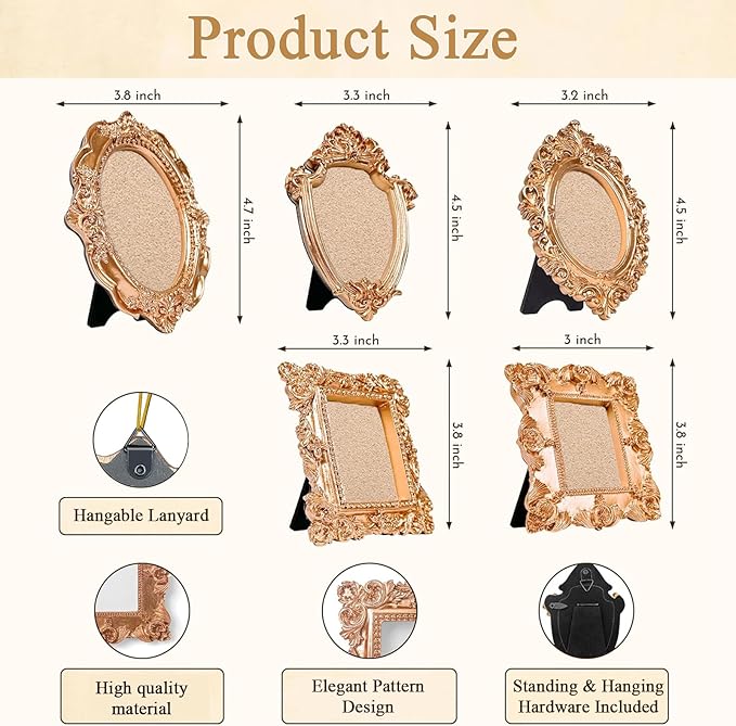 5-Piece Set Vintage Mini Photo Frames,Baroque Rose Gold European Palace Style , Retro Carving, Stand or Hang, Desktop Display, Wall Decor,Fits Gallery Walls / Wedding Photo Walls / Home Decor Retro Style Photo Frames