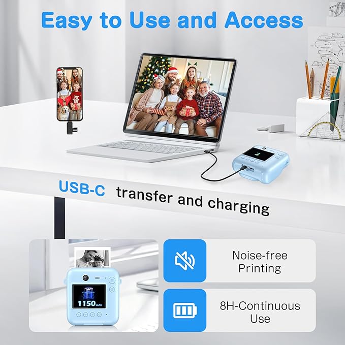 Kids Camera Instant Print, Dual-Lens 48MP Digital Camera for Christmas Birthday Gifts, 1080P Selfie Instant Cameras for Kids with 32GB Card, Print Digital Cameras for Girls Boys-Blue