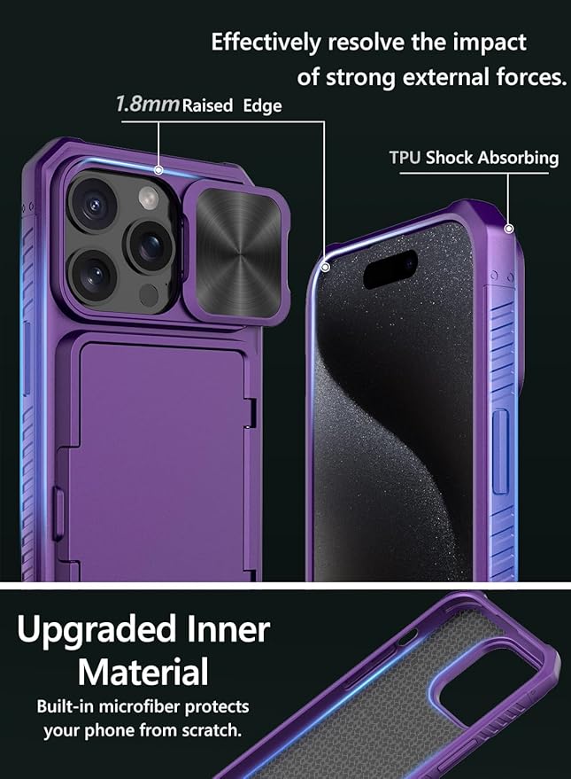 Vihibii for iPhone 15 Pro Wallet Case with Card Holder (4 Cards) & Slide Camera Cover & Kickstand & Raised Edges Protection, Shockproof Rugged Phone Cover for iPhone 15 Pro 5G 6.1" 2023, Dark Purple