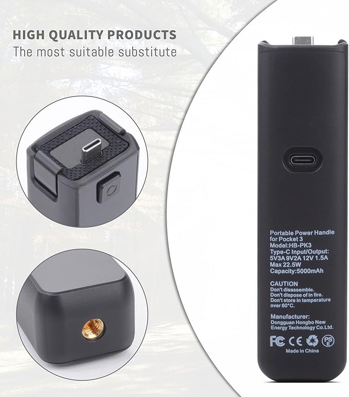 Pocket 3 Battery Handle Compatible for DJI Osmo Pocket 3 Camera, 5000mAh Portable Power Replacement, Built in 22.5Wh Extra Battery Fast Charge and Reserved 1/4”Thread Hole (1pcs)