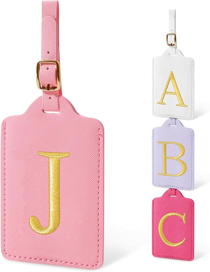 Personalized Initial Luggage Tags for Suitcases, Cute PU Leather Embroidered Letter Travel Luggage Tags, Suitcase Identifier Name Baggage Tag, Bag Tags for Men Women Kids Luggage Handbags(Pink J)