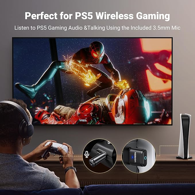 UGREEN Bluetooth 5.3 Adapter for PS4 PS5 USB Audio Transmitter APTX Connecting Bluetooth Headphones to PS5, PS4, Switch, PC, Wireless Audio Adapter (Plug & Play)