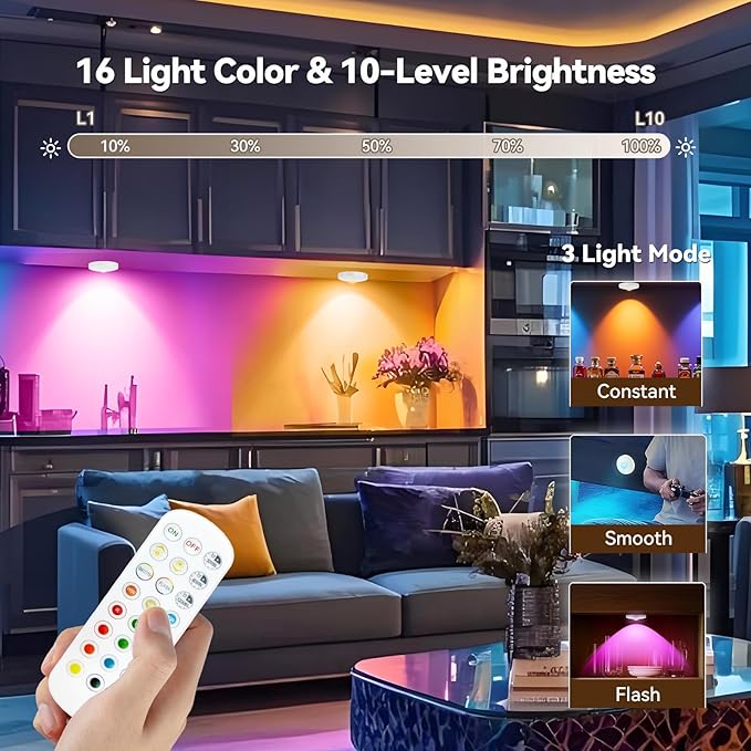 Rechargeable Puck Lights with Remote, 12 Pack Magnetic Under Cabinet Lighting, 1500mAh Battery Operated LED Tap Lights with Dimmer & Timmer for Kitchen, Closet, Shelf - 3 Color Temps & 12 RGB, White
