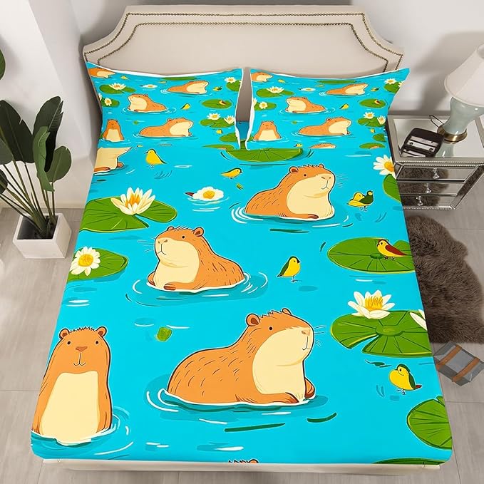 Erosebridal Capybara King Bed Sheets Set Capybara Lovers Sheet Set for Kids Boys Girl,Funny Rodent Animal Sheets Cute Cartoon Capybaras Fitted Sheet Botanical Flowers Decor Gifts for Capybara Lovers