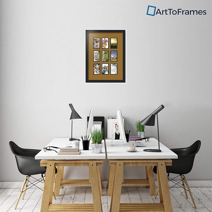 ArtToFrames Collage Photo Frame Double Mat with 9-3x5 Openings with Satin Black Frame and El Dorado mat.