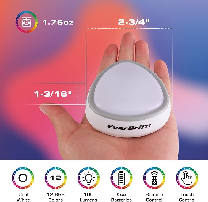 EverBrite Tap Light, LED Puck Lights, Wireless Push Lights, Remote Controlled Closet Lights with 12 RGB Colors, Perfect for Under Cabinet, Closets, Pantry, with 18 AAA Batteries, 6-Pack
