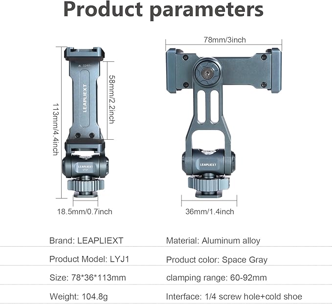 Metal Phone Camera Tripod Holder, 360° Rotatable & 180° Vertical Adjustment, Cold Shoe and 1/4" Thread Port, Compatible with iPhone17Pro Max 16 15 14 and Samsung Phones, Selfie Stick & Camera Cage。