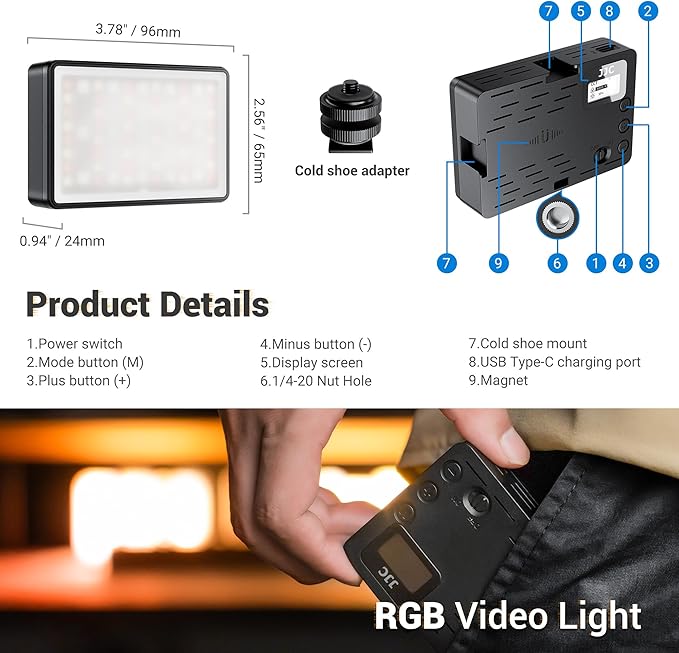 JJC RGB Video Light, 360°Full Color 24 Effects 2600mAh Rechargeable 2500-8500K Magnetic LED Camera Light, 1/4" Screw Mount Cold Shoe Light, Portable Light for Photography Video Streaming