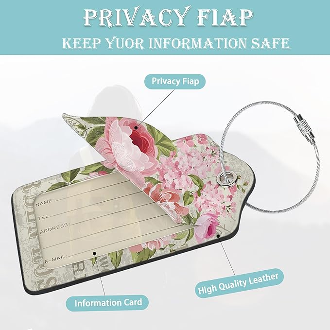 Luggage Tags for Suitcase,2 Pack Pink Rose Flower Vintage Luggage Tag Leather Privacy Cover ID Label with Stainless Steel Loop for Women Men Kids Girls Travel