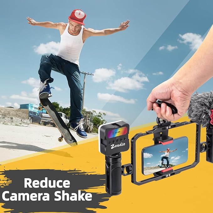 Zeadio All-in-One Phone Video Vlogging Kit, Versatile Rig Cage with RGB Light, Mic, Arca Ball Head Tripod - Perfect for Recording/YouTube/Live Streams/Tabletop Filming/Content Creation/Travel etc