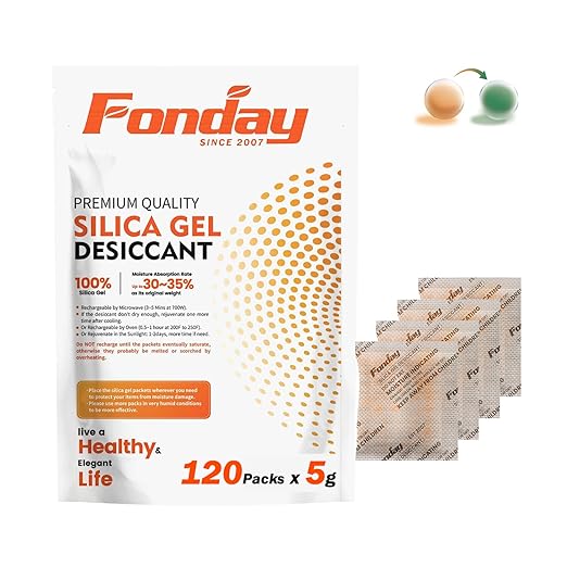 5g x 120 packs Fonday Rechargeable Silica Gel Desiccant Packets Fast Reactivate Desiccant Bags Moisture Indicating Orange to Green