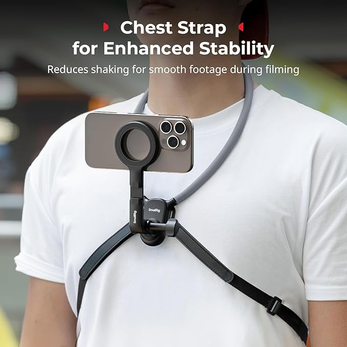 SMALLRIG Magnetic Neck Phone Holder with Chest Strap, Neck Mount for GoPro for DJI Action Camera, Hands Free Phone Holder for POV Recording, for iPhone 17/16/15/14/13/12, Metal Ring for Android - 5127