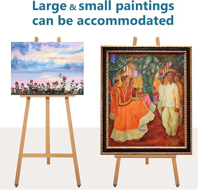 Somime A - Frame Wooden Display Easel - Adjustable Lyre Beechwood Studio Easel Stand Holding Canvas Up to 90", Inclinable Artist Floor Painting Easel for Artwork Painting, Natural