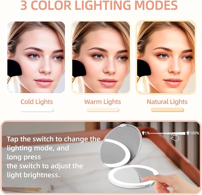 Compact Mirror with Light, Dimmable Pocket Mirror, Rechargeable Mini Mirror for Purse, Pocket, Travel and Present, Folding, Handheld, 2-Sided, Round