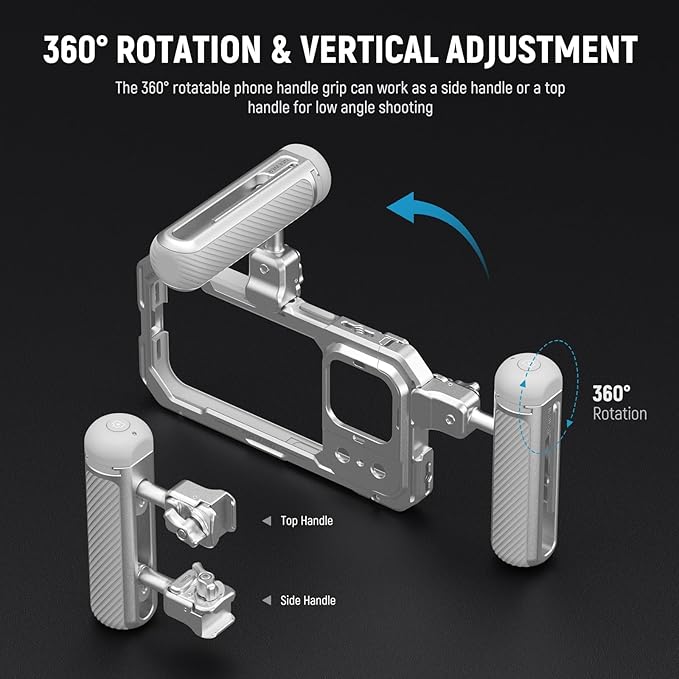 NEEWER Quick Release Side Handle with Detachable Bluetooth Shutter, Anti Off Cold Shoe, 360° Rotation, Compatible with iPhone 16 Pro 16 Pro Max S25 Ultra Phone Cage Accessories, Silver + Gray, PA045E