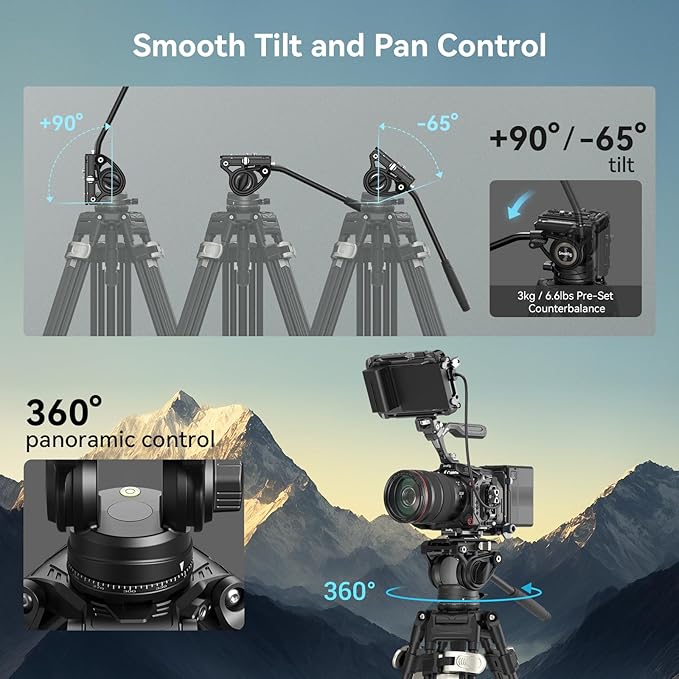 SmallRig AD-80 FreeBlazer Heavy-Duty Video Tripod System, 75" Tall, Fluid Head, One-Step Height Adjust, Dual-Mode QR Plate, Load up to 17lbs, Professional Tripod for Camera
