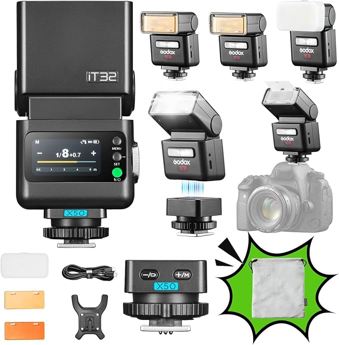 Godox iT32 TTL Camera Flash with X5O Flash Trigger for Olympus Magnetic Detachable,Instant On/Off-Camera Switch,LCD Touchscreen Speedlight,TTL HSS 2.4GHz Wireless Trigger,GN18 1.5s Recycle,Weddings