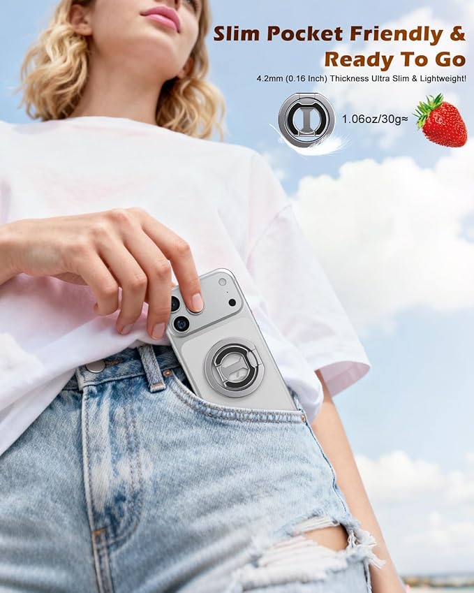 CloudValley for Magsafe Phone Grip Holder - Adjustable Dual-Sided Magnetic Finger Ring Stand 4-in-1, Compatible with iPhone 17/16-12 & MagSafe Car Mounts