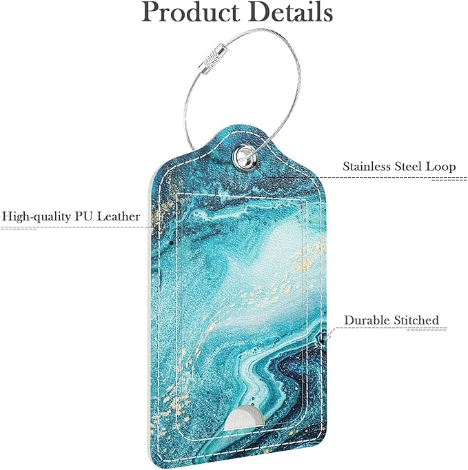 Luggage Tags for Suitcase, 2 Pack PU Leather Travel Cruise Luggage Tag with Privacy Flap, Name ID Label and Metal Loop for Women Men Girls Suitcase Baggage Bag Backpack Instrument, Teal Marble