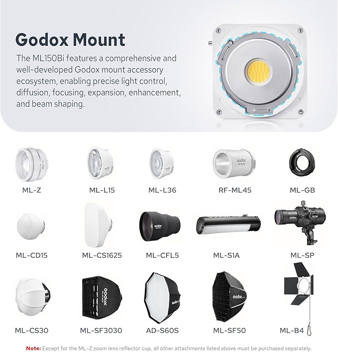 Godox ML150Bi Bi-Color COB LED Video Light 165W, 61054Lux@1m, 2800K-6500K, 11 FX, Compact COB LED Continuous Output Lighting for Studio & Outdoor Shooting, APP/DMX/RDM Control, Handheld LED Monolight