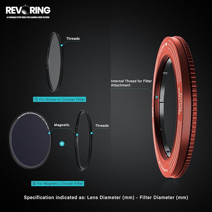 H&Y RevoRing Adjustable Step Up Ring 52-72mm to 77mm, Variable Lens Filter Adapter Ring, Universal Stepping System fits 52 55 58 62 67 72mm, Red