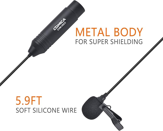 COMICA XLR 48V Phantom Power Lavalier Microphone,CVM-V02O 5.9fts Omni-Directional Lapel Mic for Canon Sony Panasonic Camcorders Zoom H4n H5 H6n Tascam DR-40 DR-60D/70D DR-100 Recorders 2 Pack