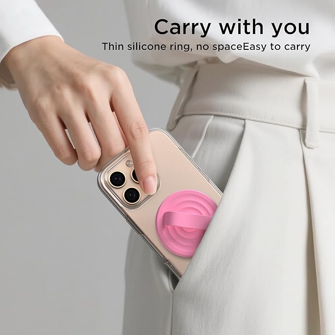 Magnetic Phone Grip Ring Holder, Liquid Silicone Magnet Cell Phone Grip Finger Loop, Compatible with Magsafe, Back of Phone for iPhone 17/16/15/14/13/12 Series, Tender Pink