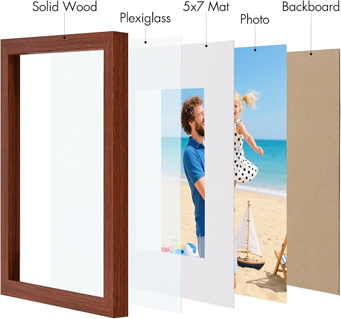 Vittanly 8x10 Picture Frame, Made of Solid Wood and Shatterproof Plexiglass, Display Pictures 5x7 with Mat or 8x10 without Mat, Wooden Photo Frame for Wall Mounting or Tabletop Display, Brown, 1 Pack