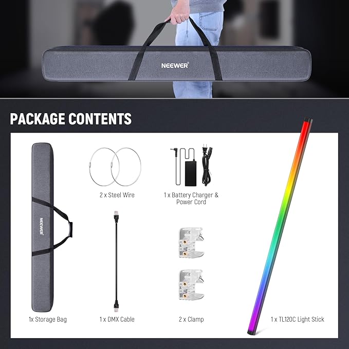NEEWER TL120C RGB Tube Light, 42W Full Color RGBWW Photography LED Video Light Wand Stick with APP/2.4G/DMX Control, 7 Pixel Effects/18 Scenes, 2500K-10000K CRI97+ TLCI98+, 6000mAh Battery