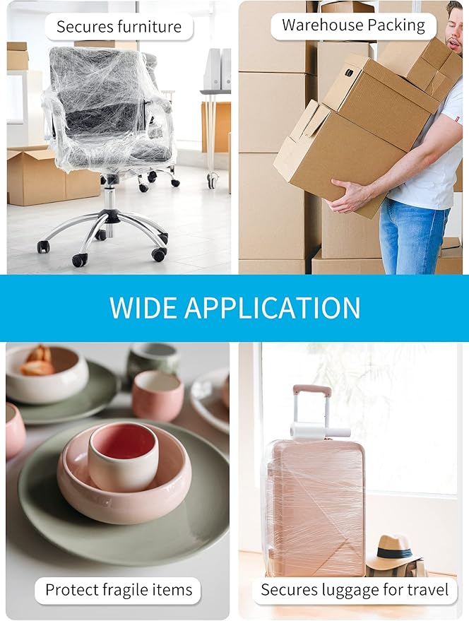 JARLINK 4 Pack Stretch Film, 5" 1000ft Mini Industrial Strength up to 500% Stretch Shrink Wrap with Handles, Thick Durable Self-Adhering Plastic Wrap for Pallet Wrap, Moving, Packing, 60 Gauge