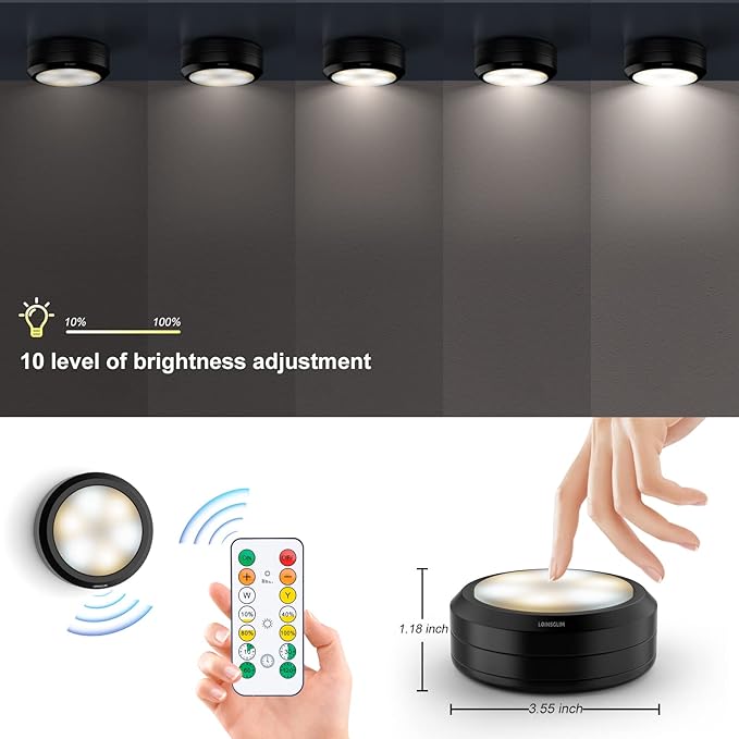 Puck Lights with Remote Control, Wireless LED Puck Light for Kitchen,Battery Operated Under Cabinet Lights, Under Counter Lighting Dimmable, Stick On Lights for Closet Black (4pack)