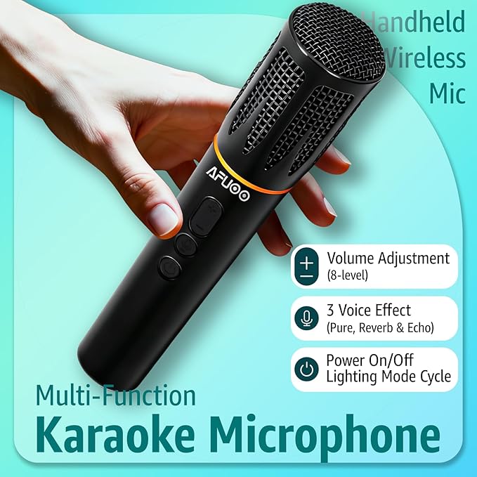 Rechargeable Wireless Microphones & Bluetooth Dual-Mics Receiver for Karaoke, Singing, Speech, DJ, 24H Battery, 200ft, RGB Light, Wireless Microphone Set for Mic/Aux/USB Port (Dual Mic, Black)